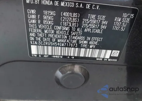 2016 Honda Hr-V Ex from USA, damaged, VIN 3CZRU5H54GM717673